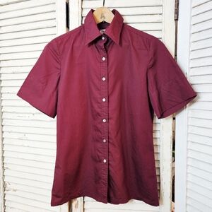 Vintage Ports International Short Sleeve Button Up 100% Cotton Burgundy Small